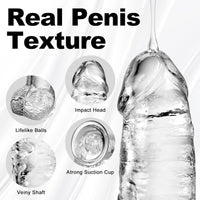 Clear Realistic Dildo Sex Toy for Women - Silicone Suction Cup Dildo for Clitoral, Vaginal & Anal Stimulation | Waterproof, Safe TPE Material | Adult Toys for Women, Couples & Beginners (10.4in)